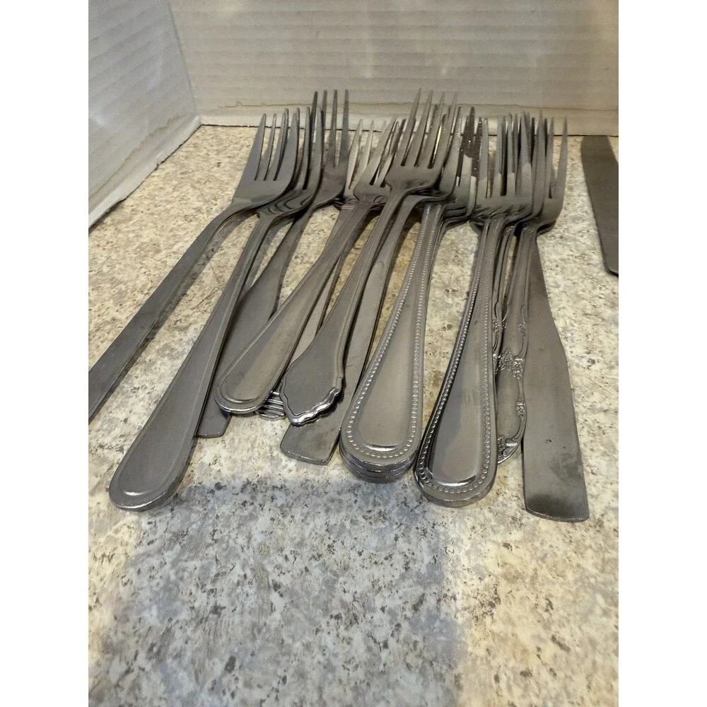Vintage Mixed Lot Stainless Flatware 24pc 14 Forks 10 Knives Assorted Brands